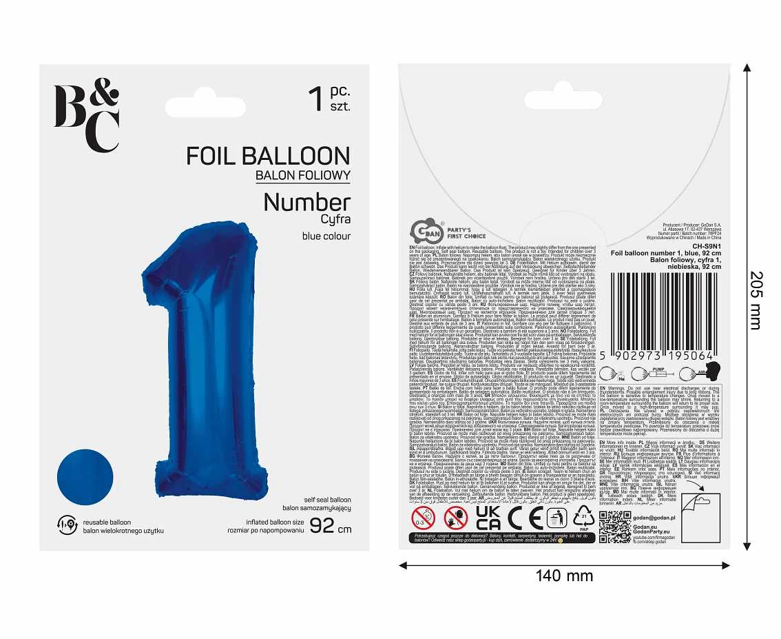 Balon foliowy B&C Cyfra 1, niebieska, 92 cm